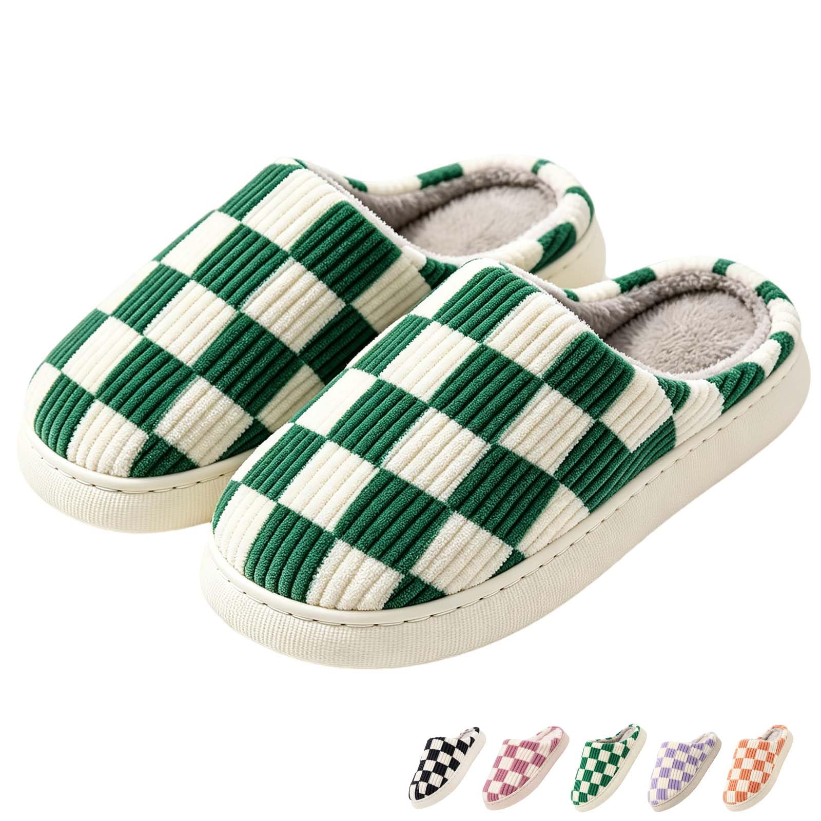 Checkered Slippers for Women and Men - Fuzzy House Slippers with Memory Foam, Comfy Plush Fluffy Indoor House Shoes, Cozy Warm Slip on Bedroom Slippers with Non-Slip Sole