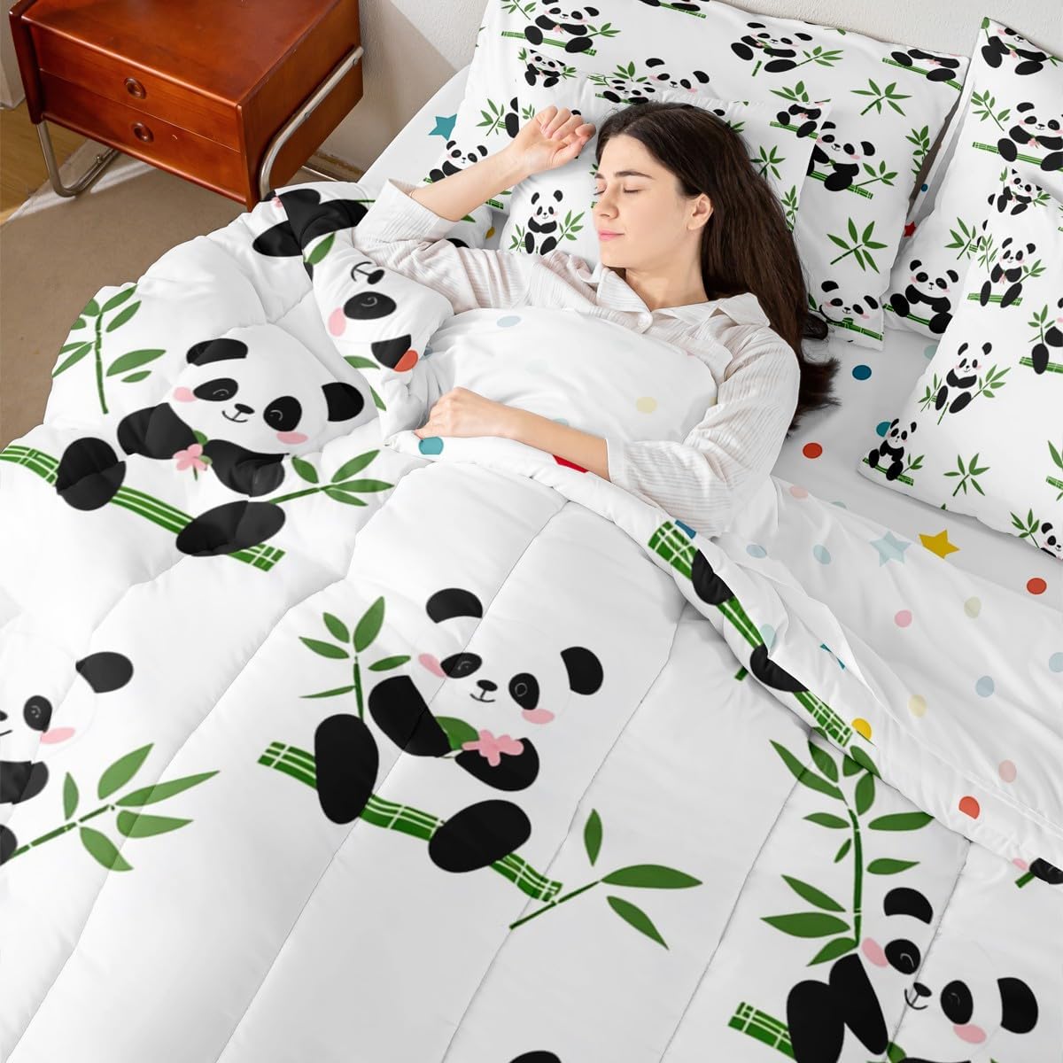 Erosebridal Kids Cartoon Panda 7 Piece Bedding Set Full Cute Animal Comforter Set with Sheets Boys Girls Bed in A Bag Kawaii Bed Sets with 2 Pillowcases, 2 Throw Pillow Covers