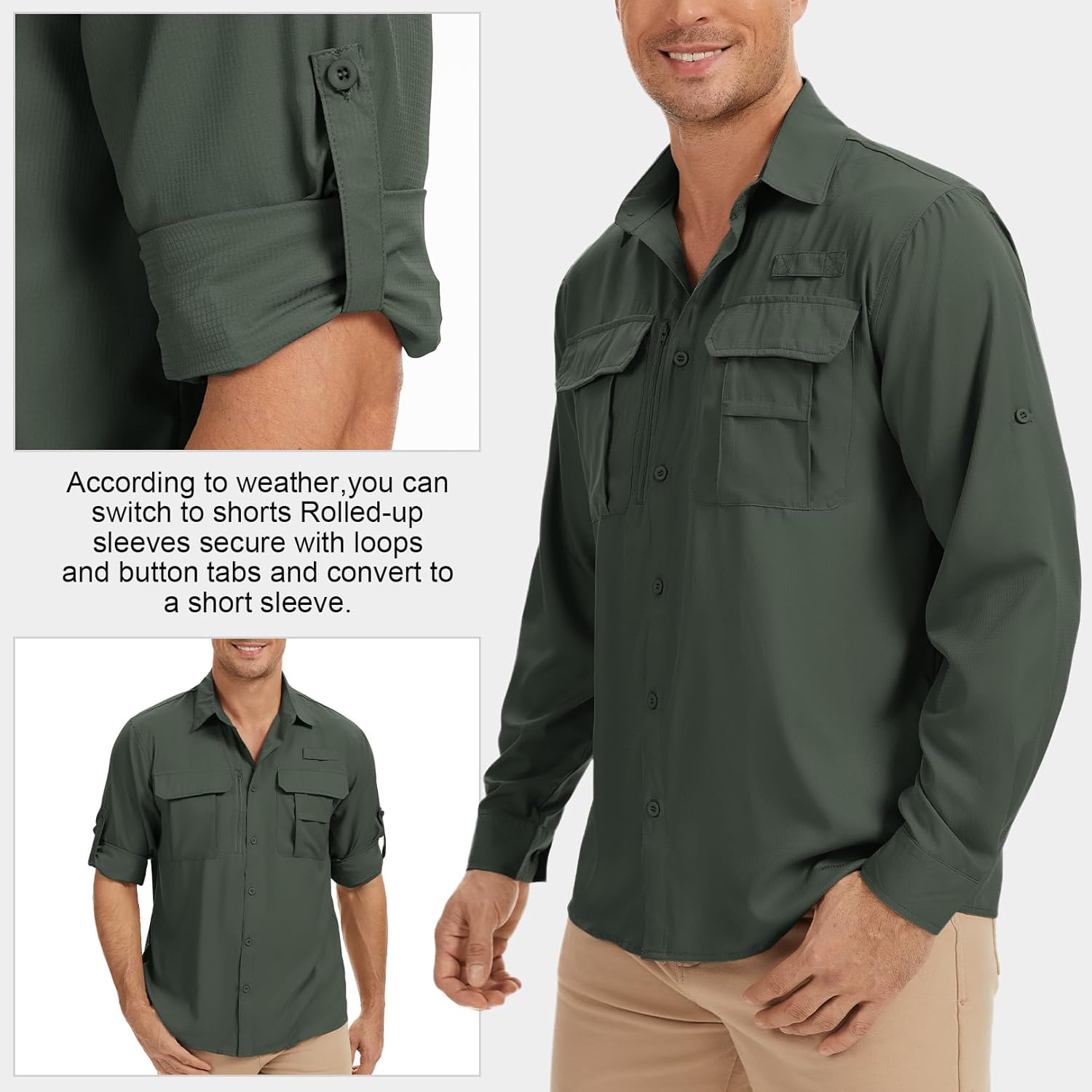 Men's Safari Shirt Long Sleeve Fishing UPF 50 Sun Protection Quick Dry Breathable Shirts for Travel Hiking Camping Work