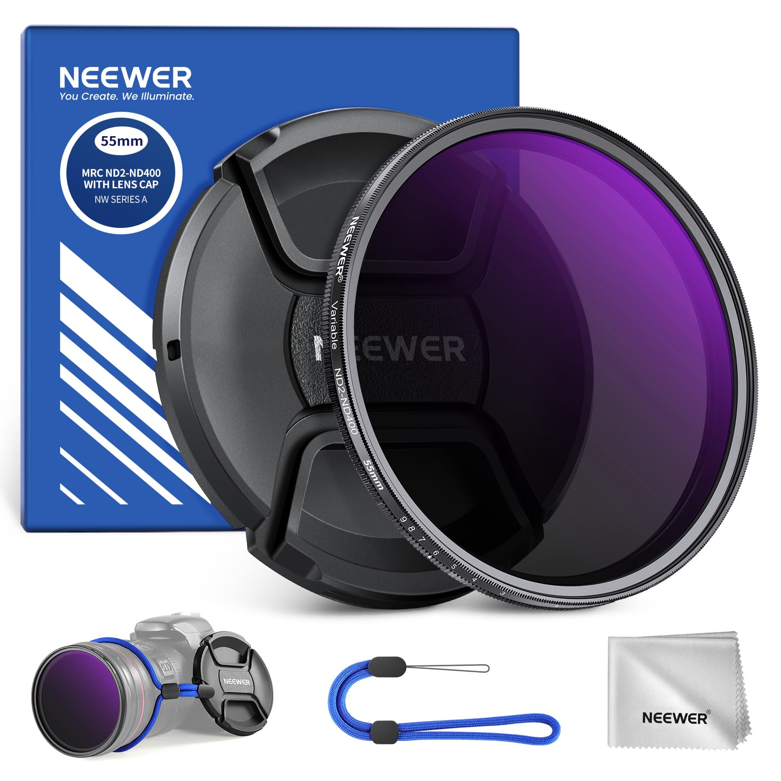 NEEWER 55mm Filtro ND2-ND400 Variabile (1-9 Stop) con Copriobiettivo, Cordino, Panno da Pulizia, Regolazione Precisa della Densità Neutra, Vetro Ottico Multistrato, Anti Impronte Digitali e Antigraffi