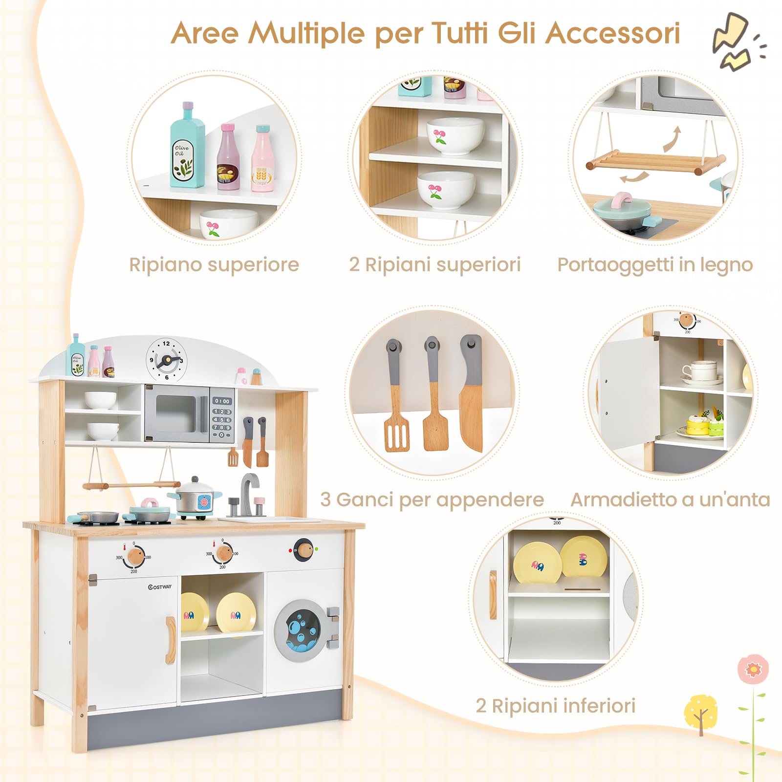 COSTWAY Cucina Giocattolo per Bambini in Legno, Set da Cucina per Bambini con Forno a Microonde, Accessori Vari per Cucinare, per Bambini 3 Anni +, TM-70, Bianco