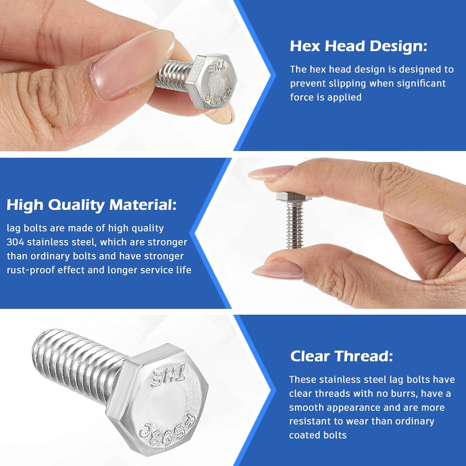 Zonon 100 Pcs 1/4-20 x 3/4" Hex Head Screw Bolt 18-8 (304) Stainless Steel Hexagon Bolts, Fully Threaded, Plain Finish, External Hex Drive (Silver)