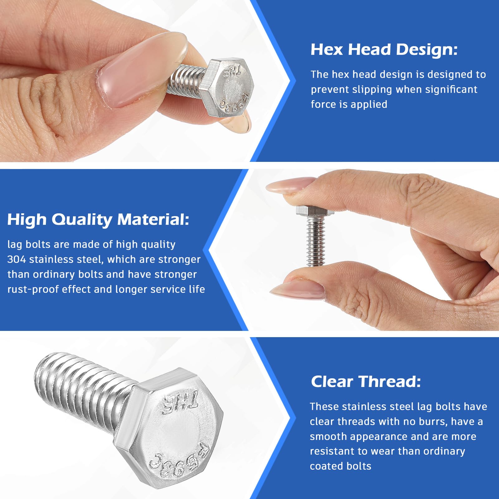 Zonon Stainless Steel Hex Bolts - 50 Pack -3