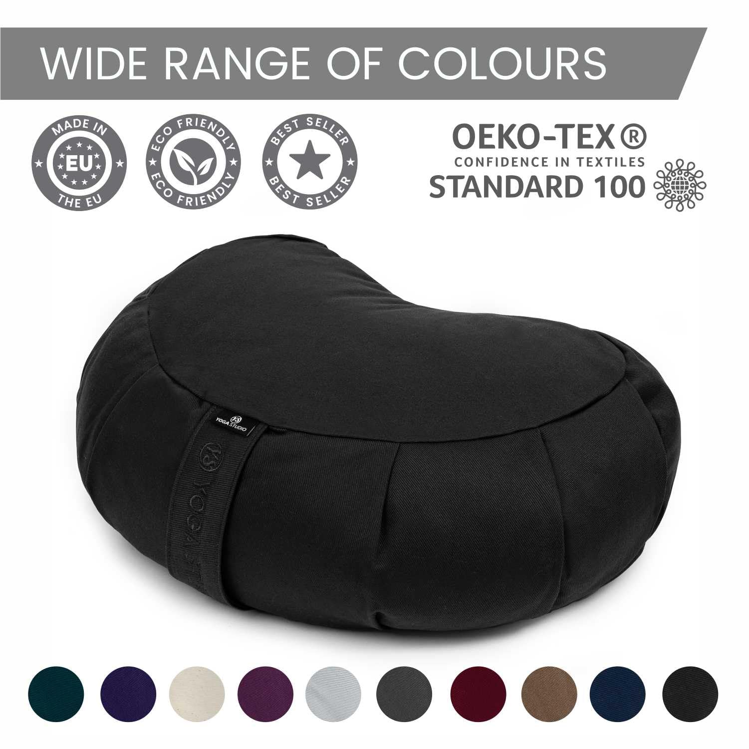 Yoga Studio Cojín europeo Crescent Zafu | Algodón orgánico | 42 x 30 x 18 cm | Puf de meditación | Cáscaras de trigo sarraceno