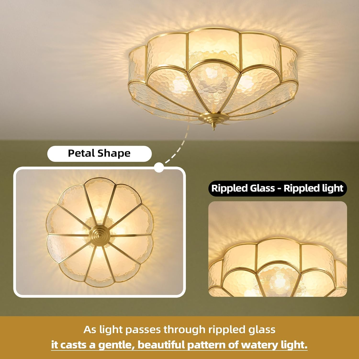 Brass Vintage Gold Ceiling Light - Large 17.7 Inch Hammered Glass Mid Century Flush Mount Lighting Fixtures - Art Deco Antique Modern Lamps for Hallway Bedroom Kitchen Entryway Laundry Foyer Bathroom