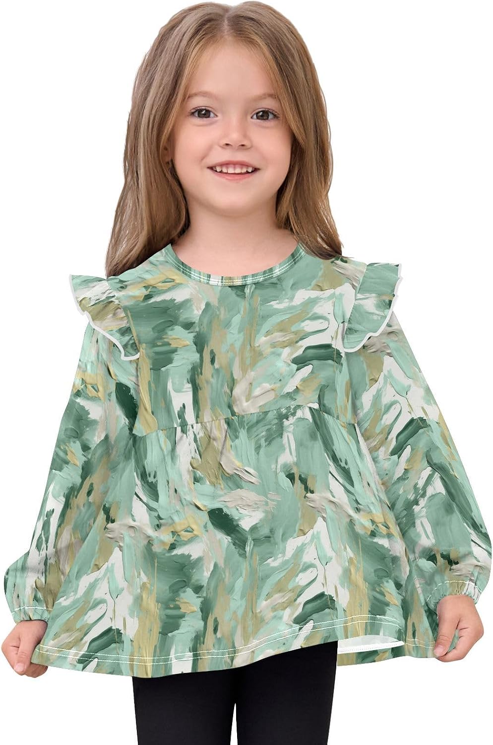 visesunny Toddler Clothes for Girls Mint Paint Texture Long Sleeve Fall Shirts Cotton Top with Ruffle Collar