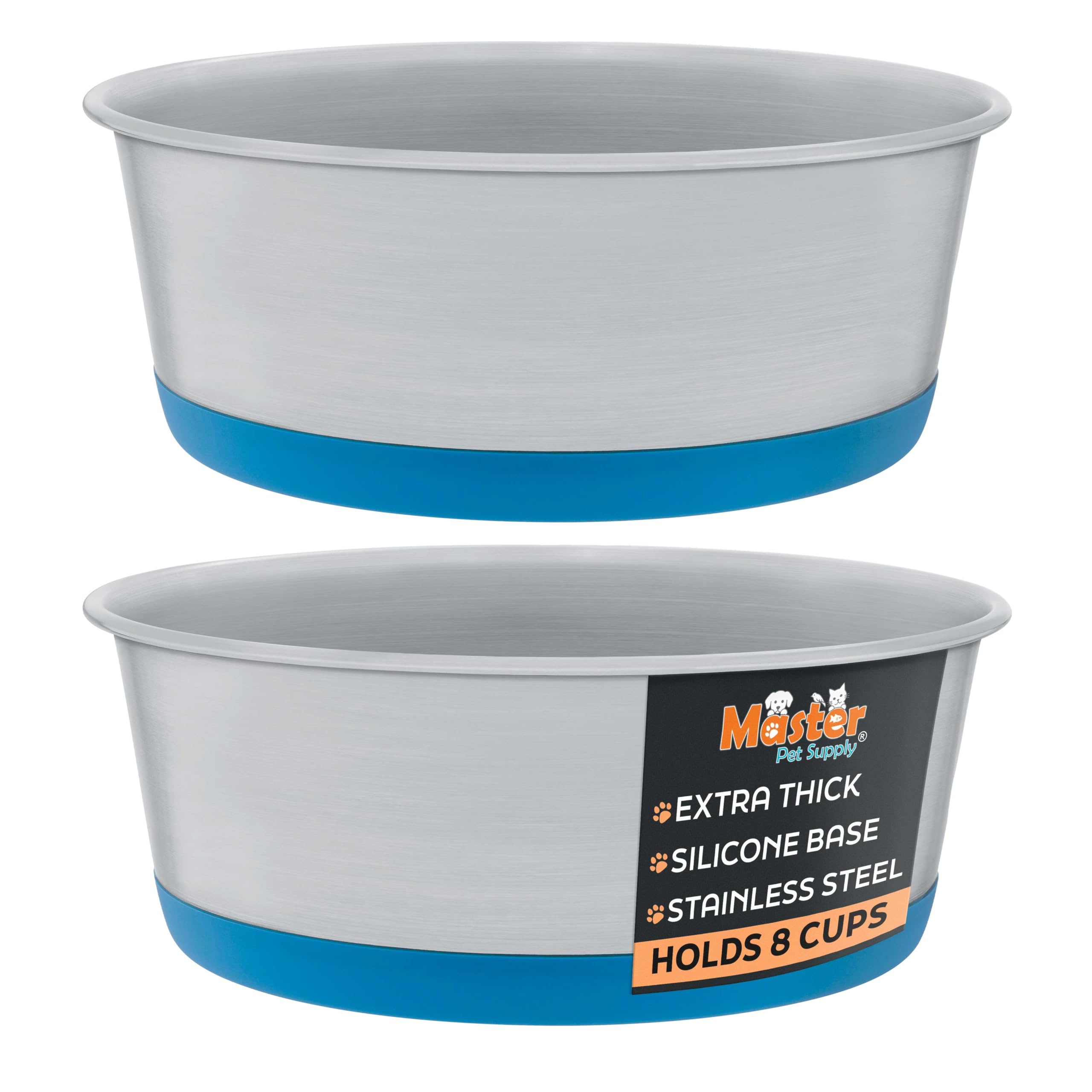 Master Pet Supply Stainless Steel Dog Bowls Set of 2 with Extra Thick Silicone Base - 8 Cup (64 oz) True Blue, Non-Slip, Dishwasher Safe Metal Bowls, Pet Dog Food Bowl for Dogs, Cats, Anti Rust