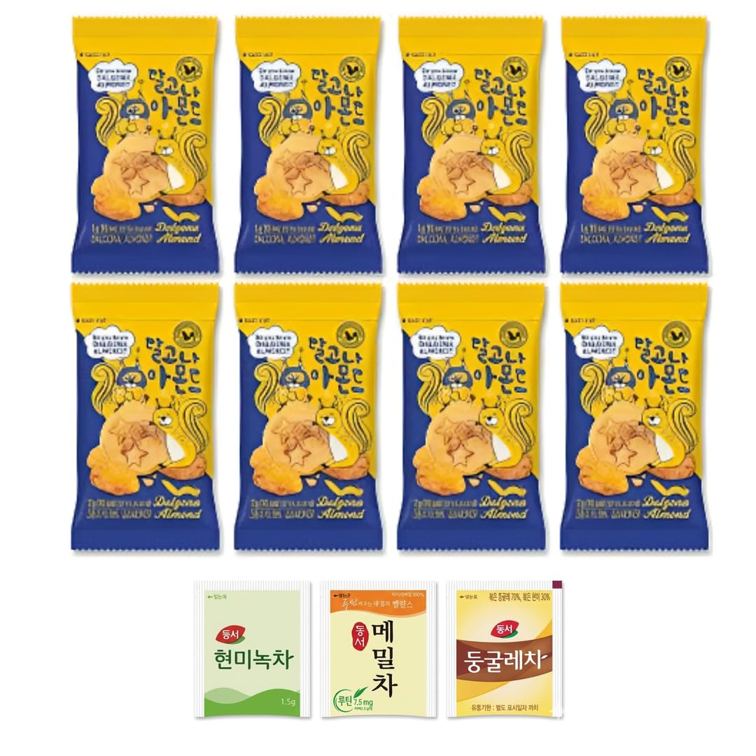 Honeycomb Toffee Flavored Almond Snack (8 Packs) with 3 Korean Tea Bags - Sweet Caramel Coated Almond Gift Set | Korean Snack Variety Pack
