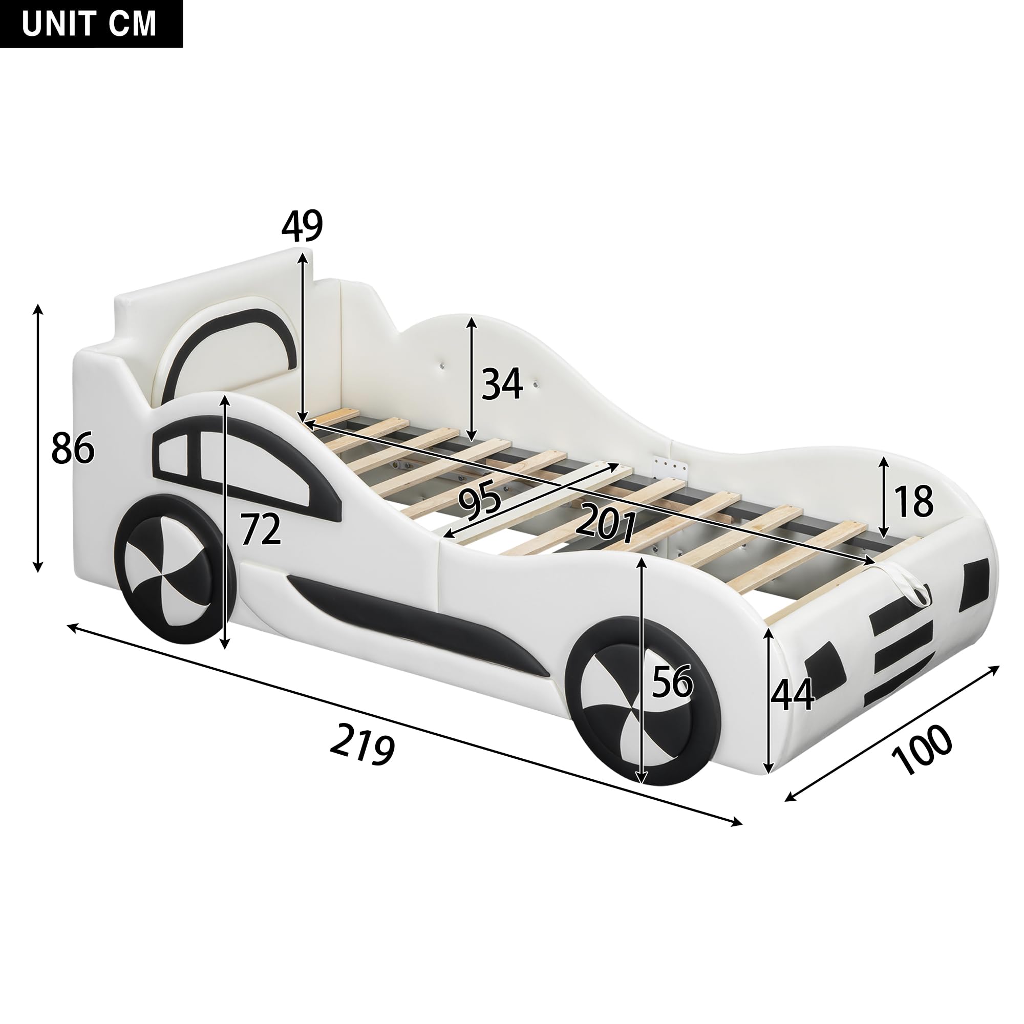 Zepneiy Lit Enfant 90x200 avec Espace de Rangement, Lit Voiture Garcon avec à Lattes, Cadre de lit Simple aus PU Blanc (sans Matelas)