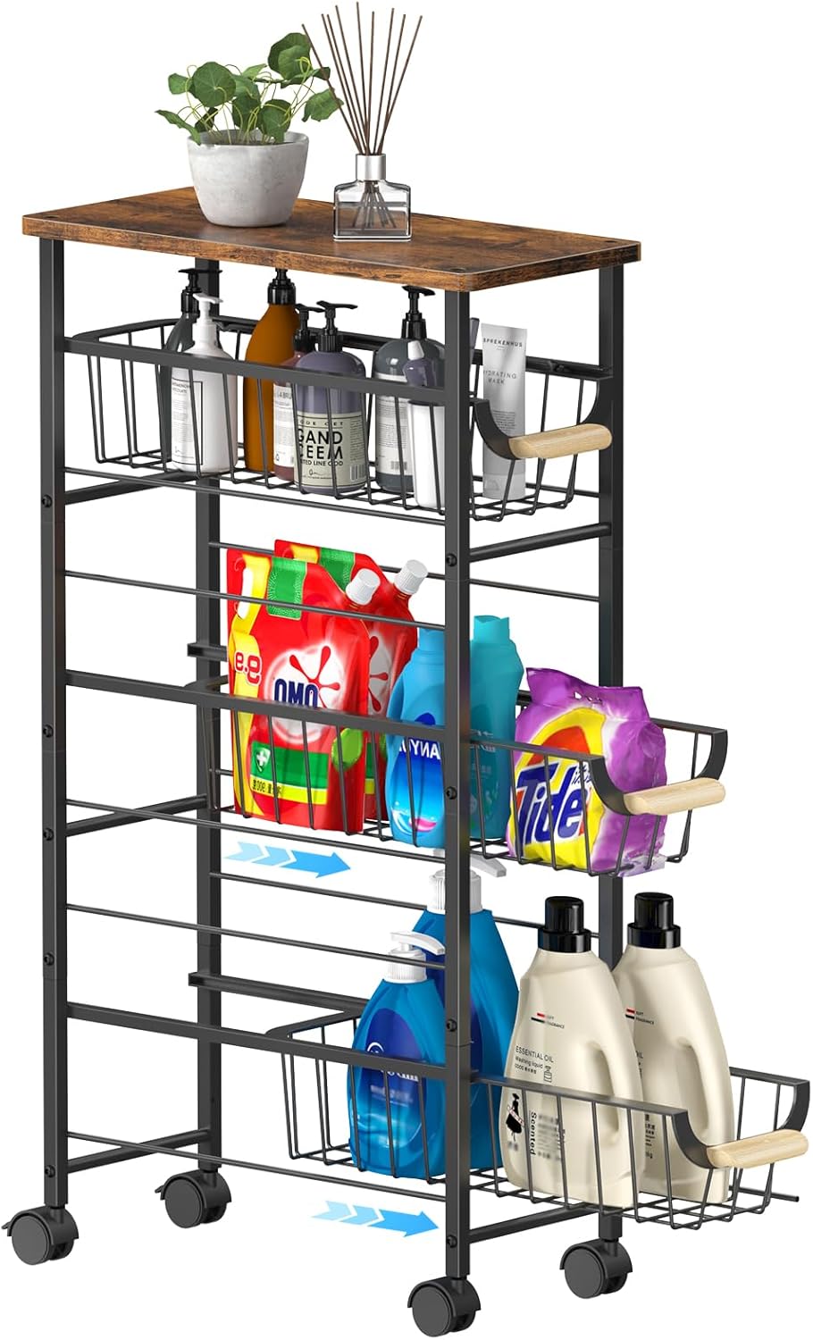 4-Tier Slim Rolling Cart with Pull-Out Baskets & Wooden Top Narrow Mobile Storage Organizer, Multipurpose Utility Cart with Handle for Small Spaces, Kitchen, Bathroom, Laundry Room, Office, Brown