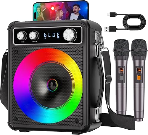 Máquina de karaoke, altavoz Bluetooth portátil con 2 micrófonos inalámbricos, sistema PA para adultos y niños con luces LED, compatible con