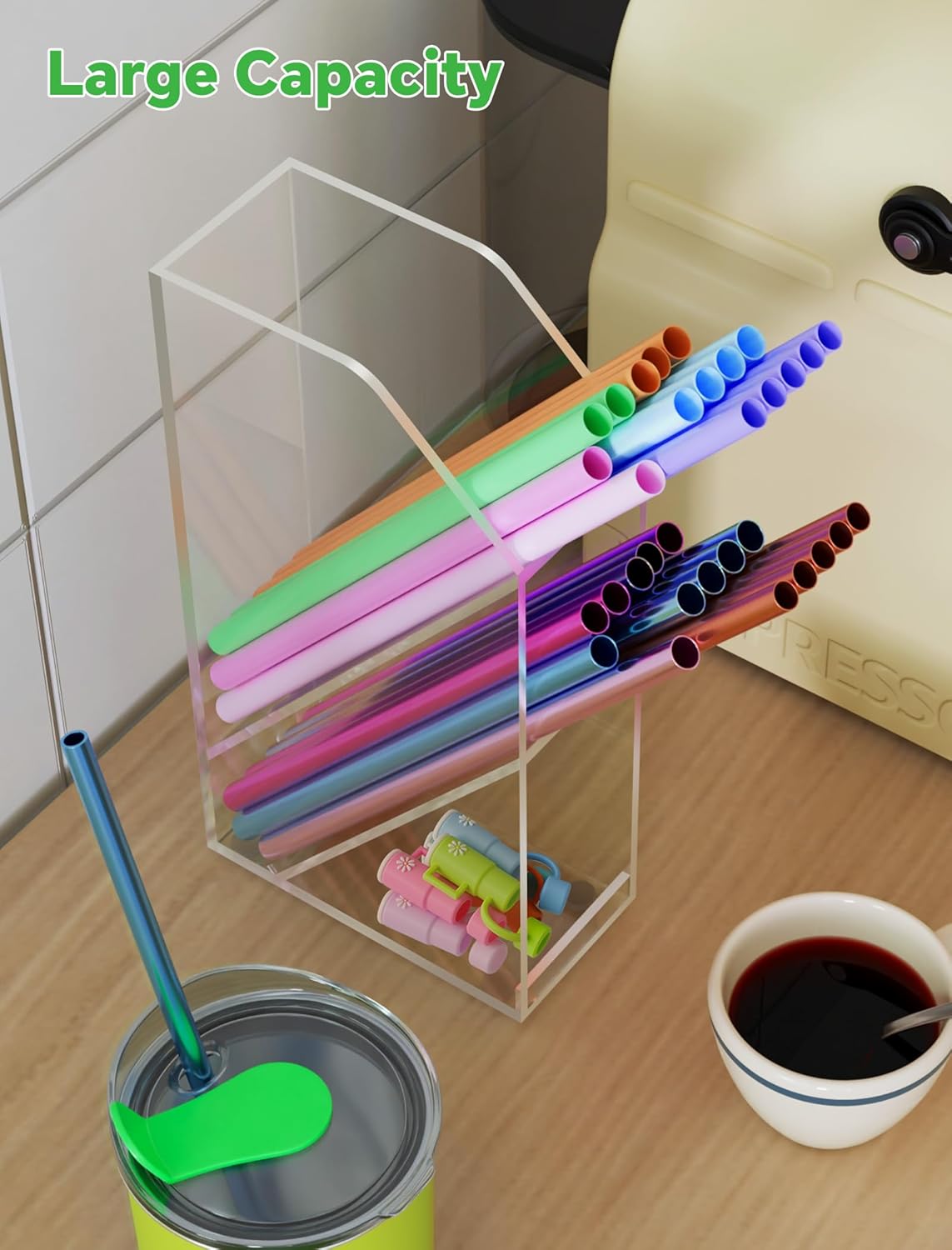 NiHome Straw Holder for Kitchen Cabinet Door, Large Capacity Dual Compartments for 10-12 Inch Straws, Angled Design for Easy Access, Extra Bottom Storage for Caps, Horizontal or Vertical Placement - Image 4