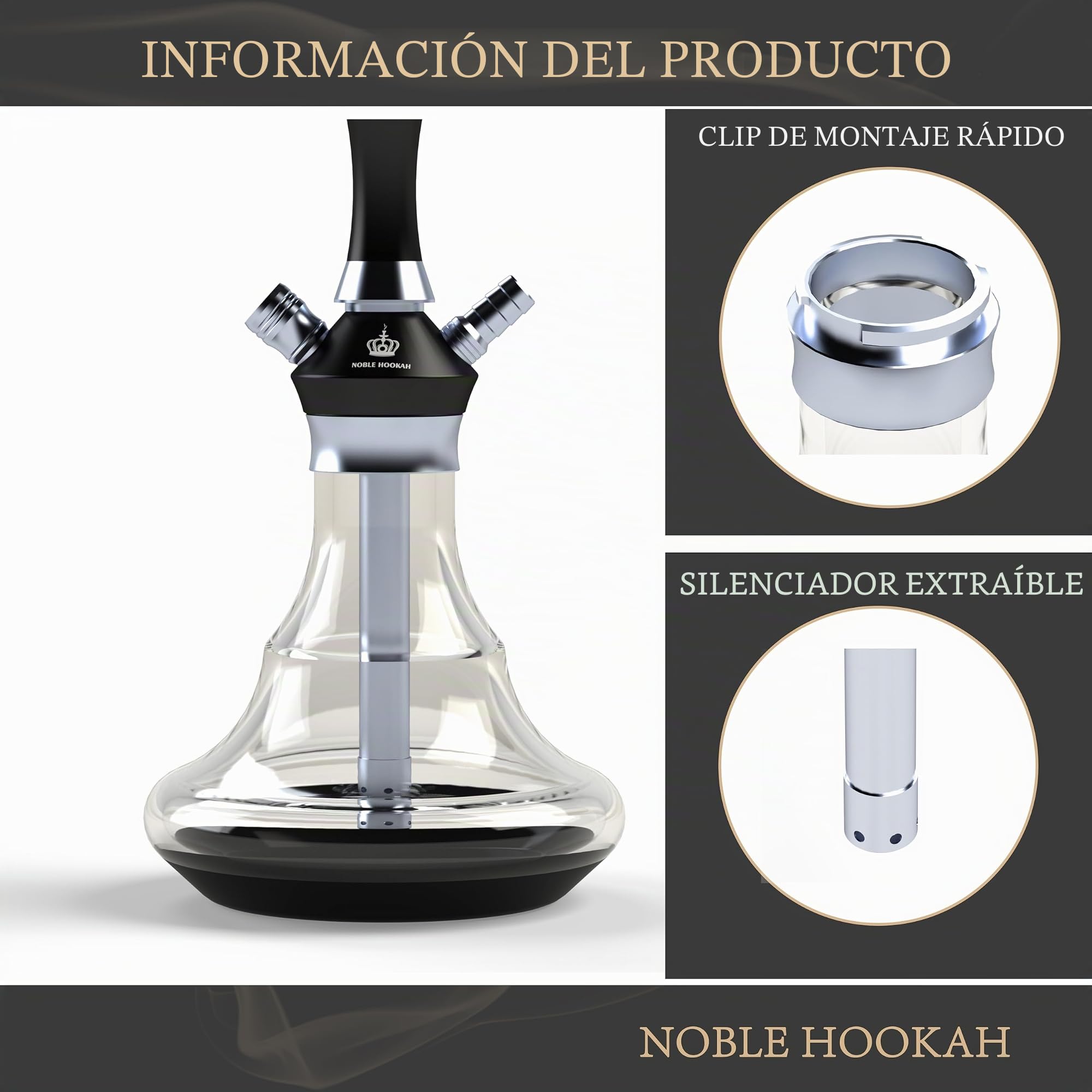 NOBLE HOOKAH Set de Cáñamo Pequeño de Viaje de 43 cm con Accesorios, Botella Soplada a Mano y Pipa de Acero Inoxidable, 1 Manguera y Asa