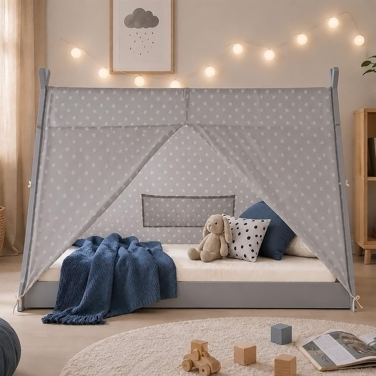 Homestyle4u Kinderbett 90x200 Tipi Zeltbett Kiefer Grau Weiß | Bodentiefes Schlafen, Sternenmuster Stoff aus Baumwolle, inkl. Lattenrost, für Jungen & Mädchen