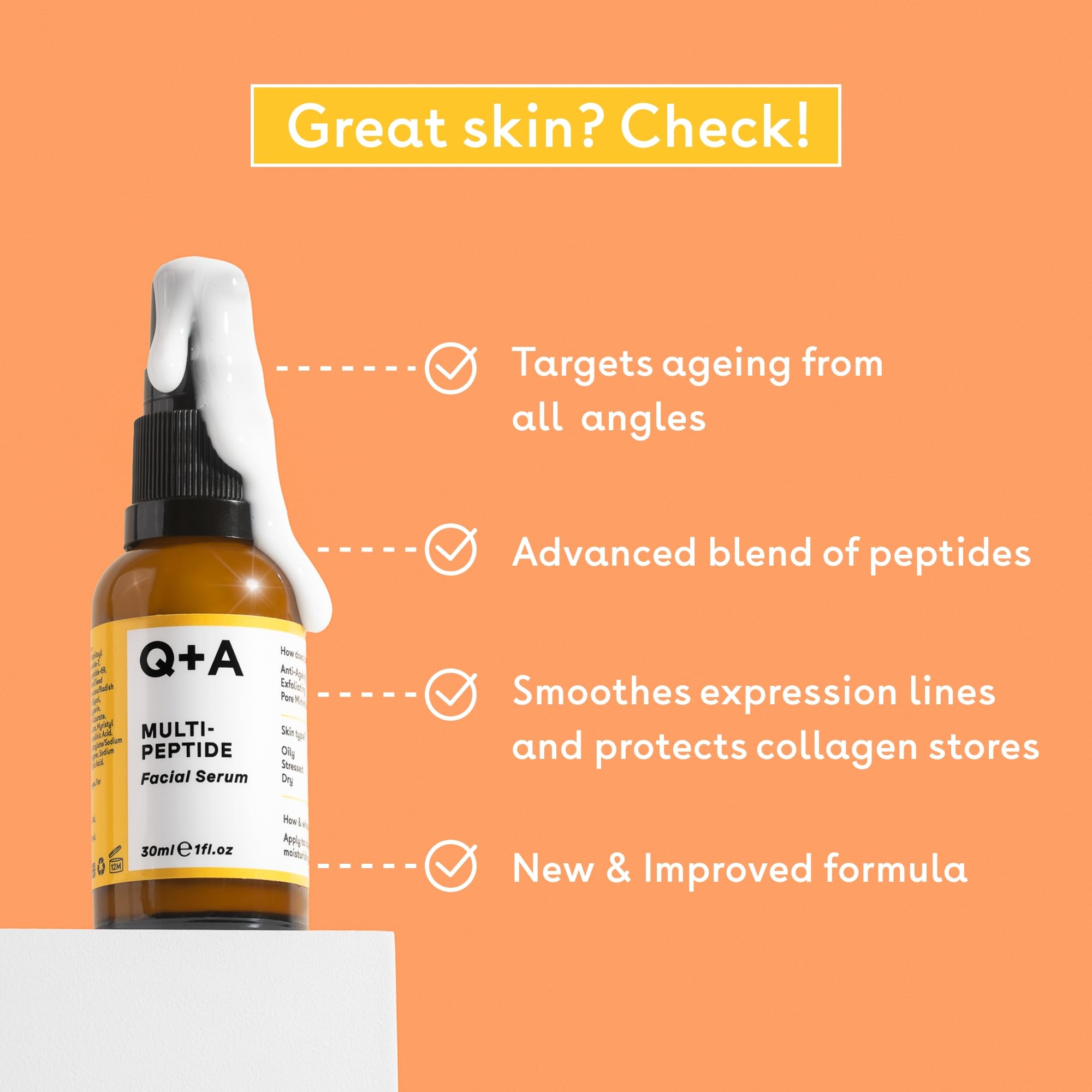 Q+A Multi-Peptydowe Serum (30 ml), Serum przeciwzmarszczkowy do twarzy z peptydami, bez zapachu, wygładza zmarszczki, poprawia koloryt i elastyczność, pielęgnacja dla młodego blasku