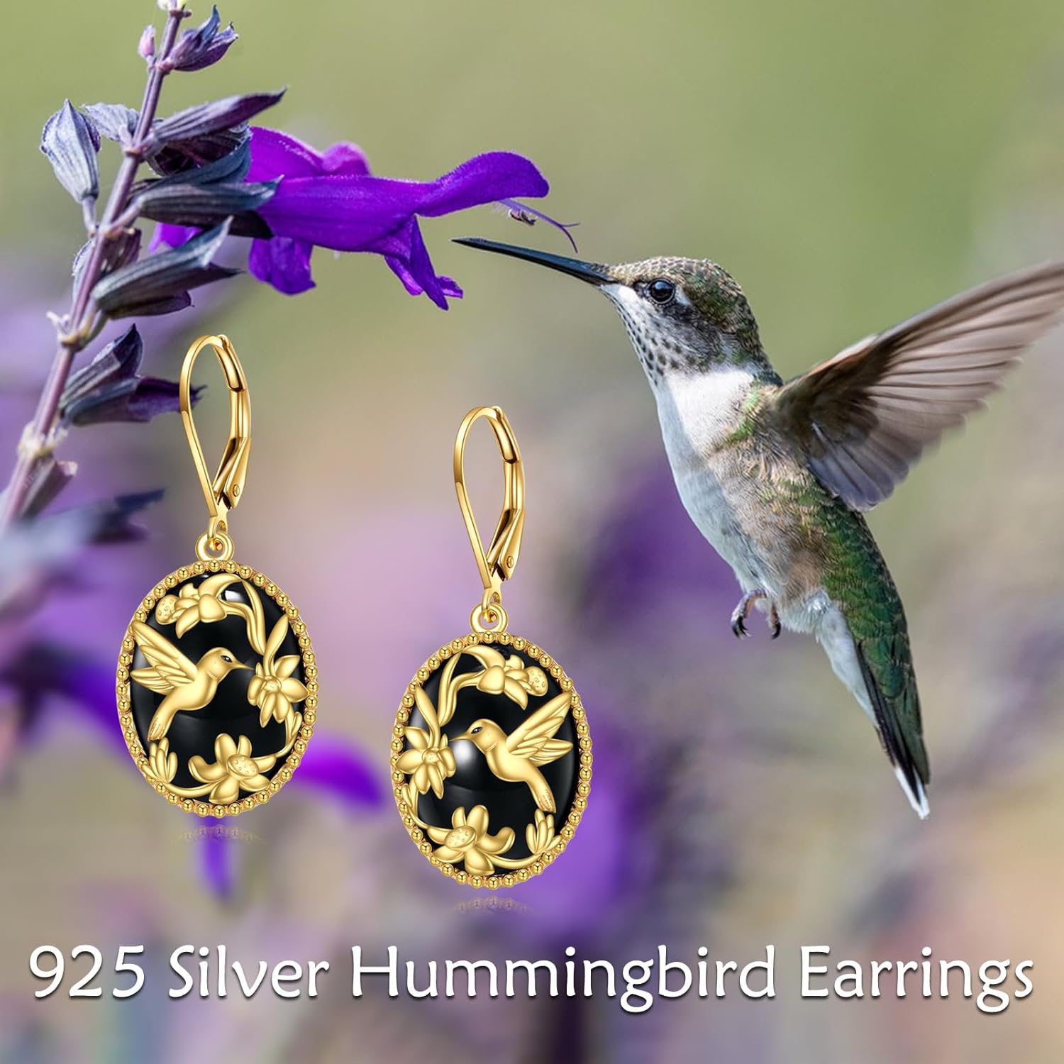 Hummingbird Earrings Sterling Silver Black Onyx Oval Hummingbird Dangle Leverback Earrings Gold Plated Flower Drop Earrings Jewelry Gifts for Women Girls