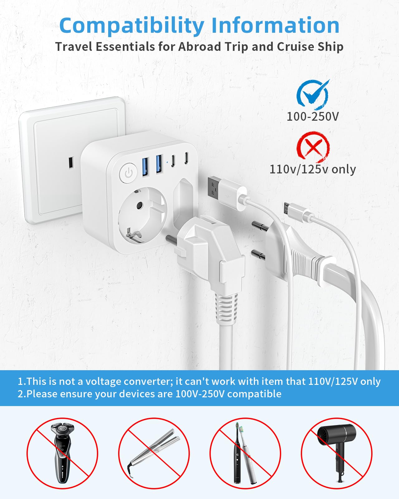Connecteur de Voyage France Japon 4 Prises USB 2 USB-C Adaptateur Schuko Type A États-Unis Canada Blanc