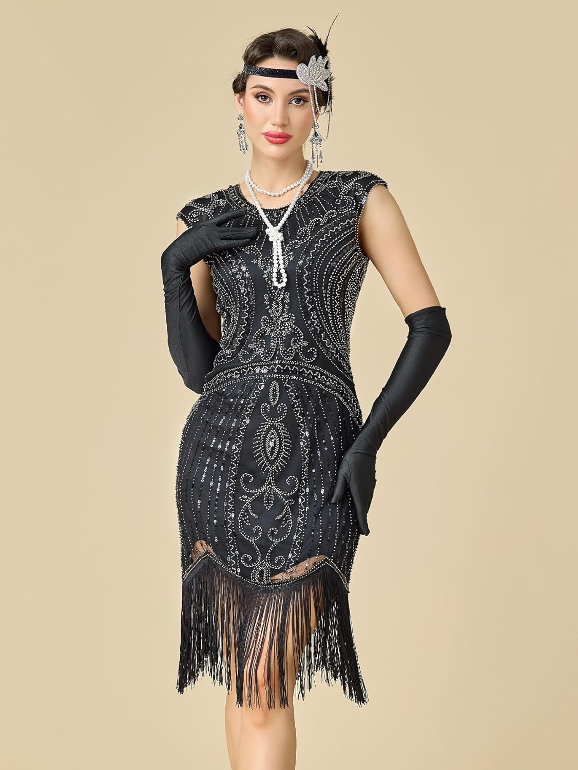 Women's Flapper Dresses 1920s for Women Great Gatsby Sequin Fringed Roaring 20s Cocktail Dress with Accessories Set - Image 2