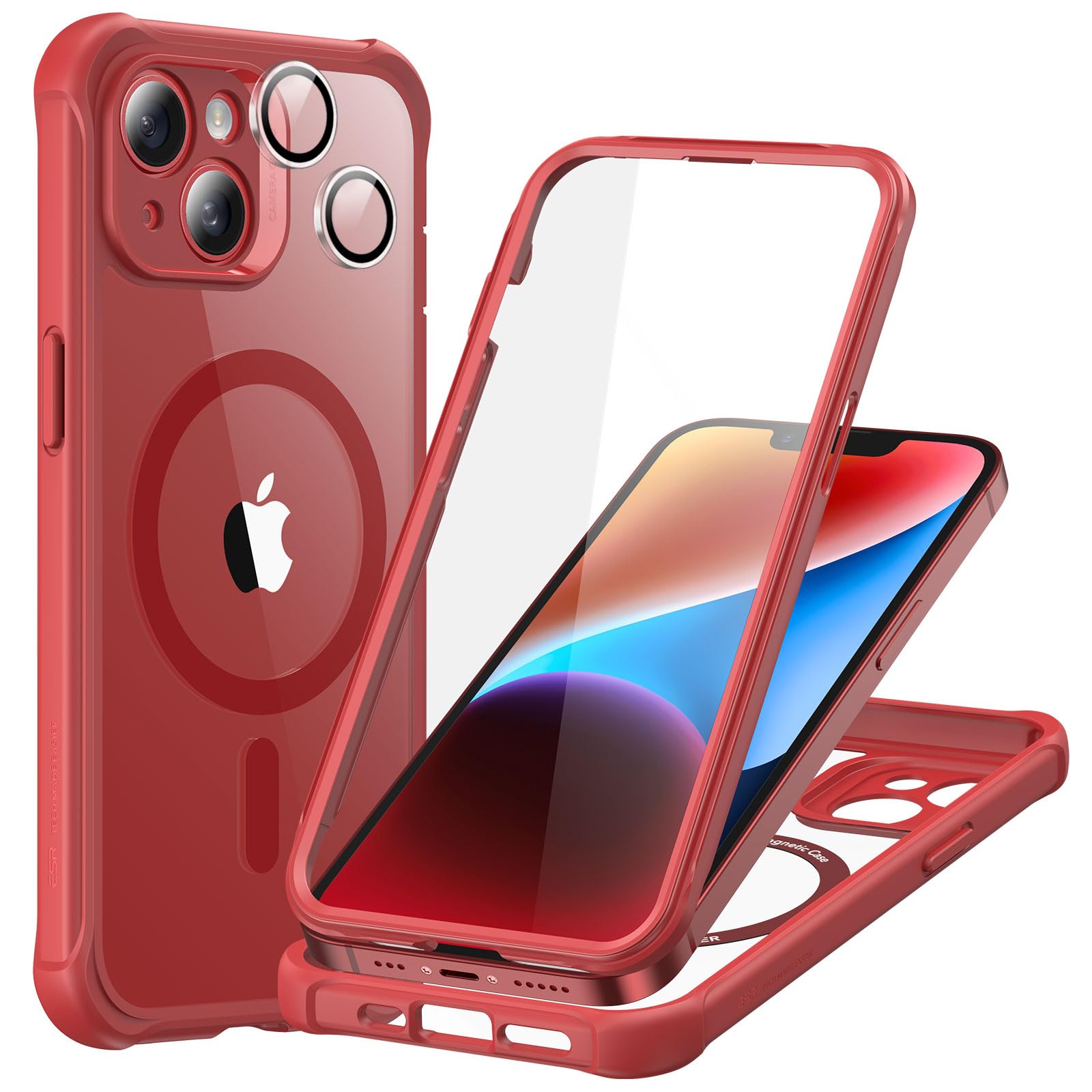 ESR for iPhone 14 Case, Compatible with MagSafe, Full-Body Military-Grade Drop Proof Case with Built-in 9H+ Tempered Glass Screen Protector, Armor Series, Clear Red