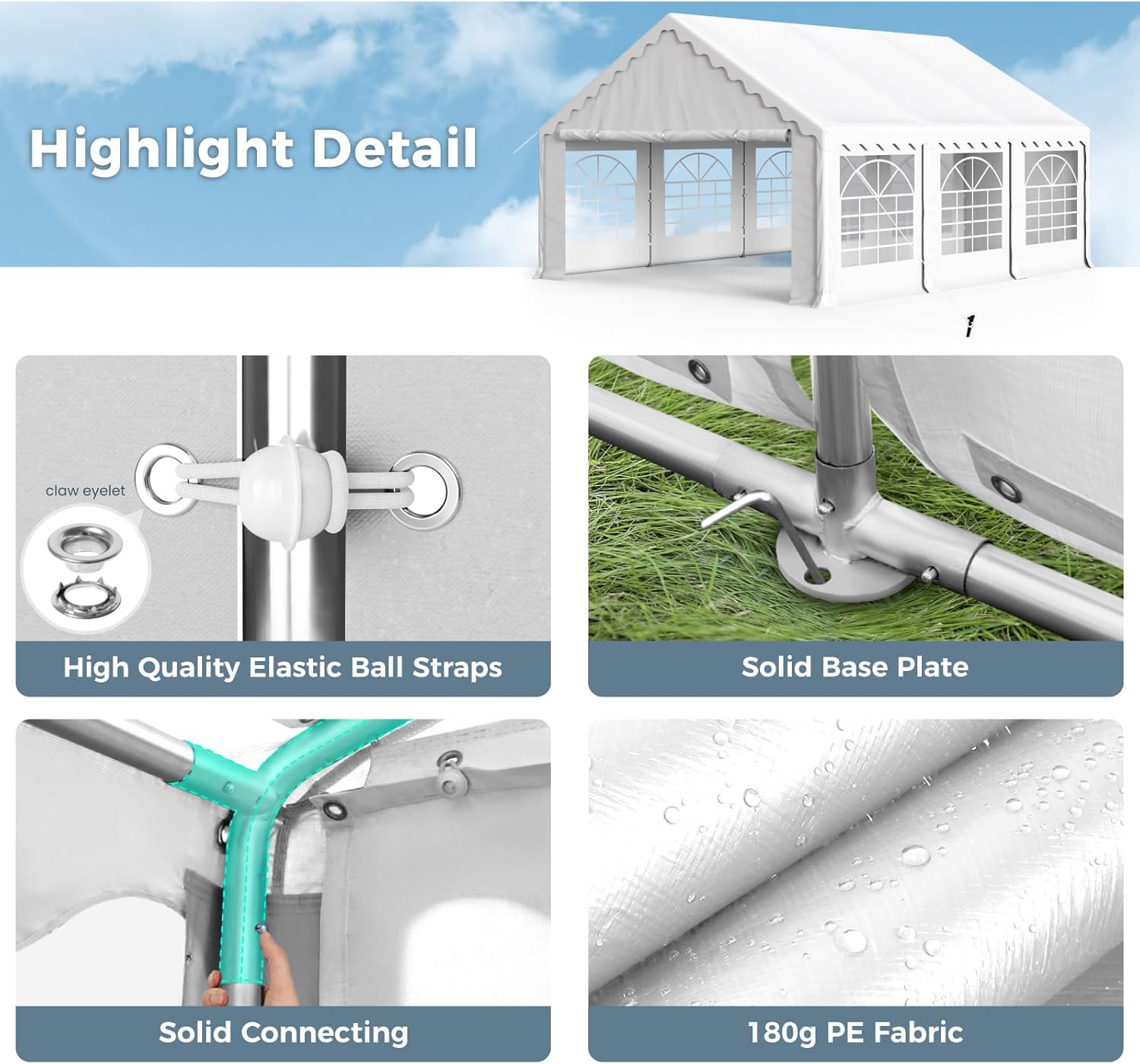 Close-up images showing high-quality elastic ball straps, solid base plate, solid connecting joints, and 180g PE fabric, highlighting key construction details of the tent.