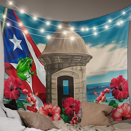 AmbeHome Tapestry for Bedroom, Puerto Rico Coastal Flag Tapestry Wall