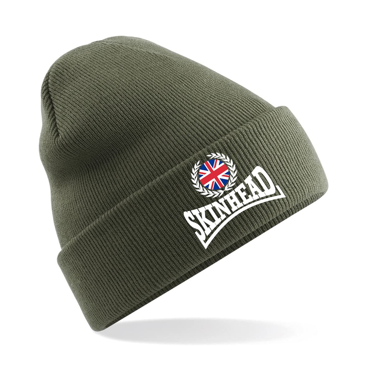 Skinhead Embroidered Beanie Hat, Bob Hat British Skin Head (Olive)