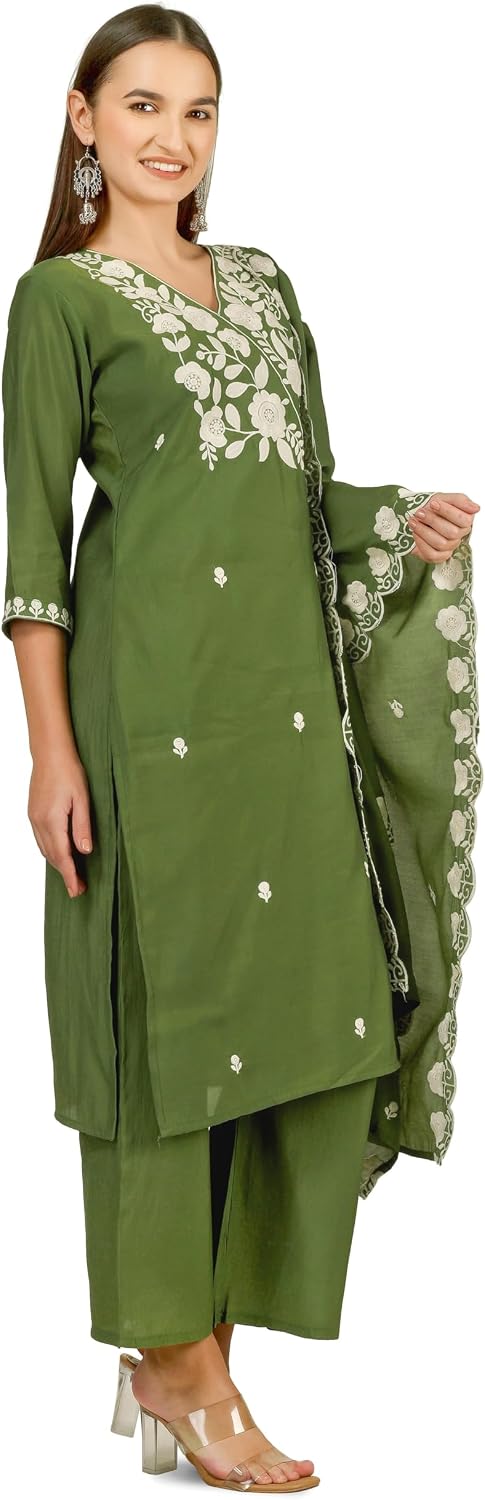 ladyline Maslin Silk Salwar Kameez with White Chikankari Embroidery | Cutwork Dupatta & Palazzo | Ethnic Kurta Pants Suit Set