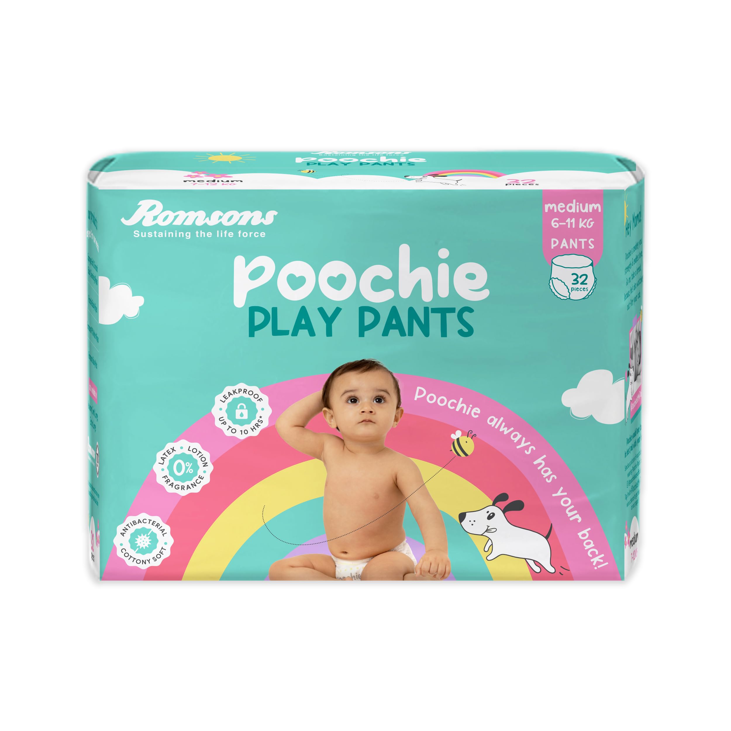 Romsons Poochie Play Pants Baby Diaper | Medium Size | Super Absorbent Core | Leakproof Protection for up to 10 Hours | 360° Comfort Fit | Suitable for 6-11 KG | Pack of 1 (32-count)-image-38