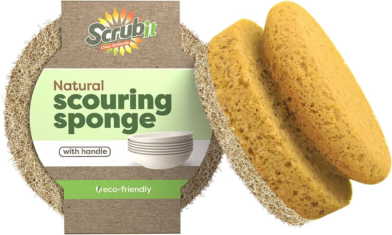 SCRUBIT Natural Scouring Pads, Eco Friendly Scrubbing Sponges for Kitchen Cleaning and Dishes, Non-Scratch Dish Scrubber with Easy-Grip Sponge Handle - Biodegradable - 2 Pack image 4