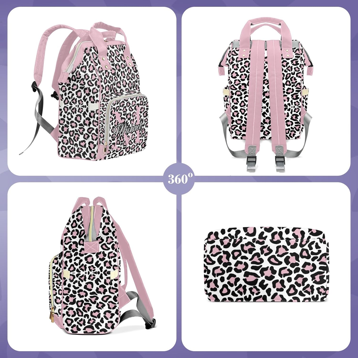 Custom Baby Backpack - Upgraded Large Capacity, Personalized Diaper Changing with Insulated Pockets, Multifunction Mommy Bag, Baby Bag for Girls - Pink Leopard