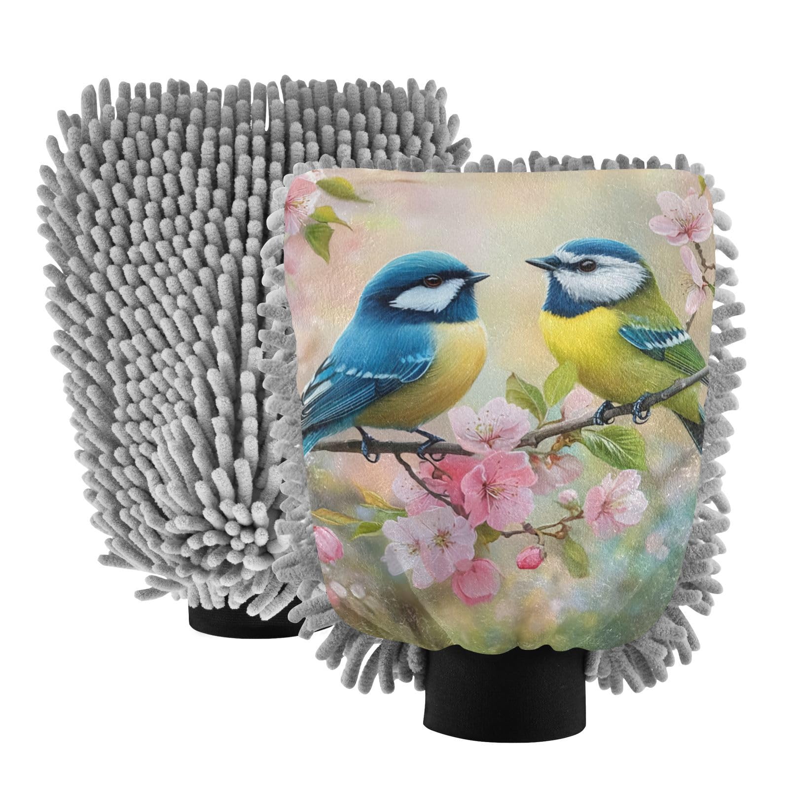 STAYTOP Two Colorful Birds Car Wash Mitt Microfiber, 2Pcs Scratch Free Lint-Free, Premium Chenille Microfiber Mitt Car Wash Brush-M