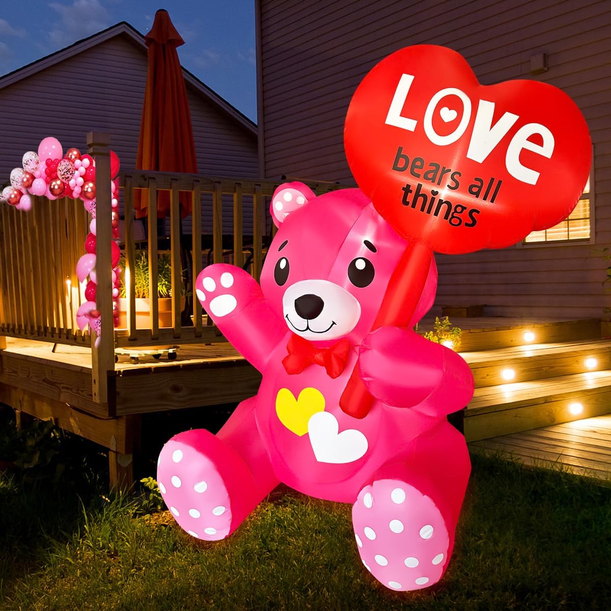 SEASONBLOW 4 FT Inflatable Valentine's Day Bear with Heart LED Lighted Decoration for Yard Lawn Garden Home Party Indoor Outdoor Holiday Decor