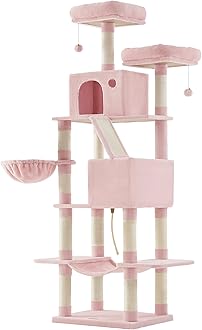 Feandrea Cat Tree, 206 cm Large Cat Tower Condo with 13 Scratching Posts, 1 Scratching Ramp, 2 Perches, 2 Caves, Basket, Hammock, Pompoms, Jelly Pink PCT190P01V1
