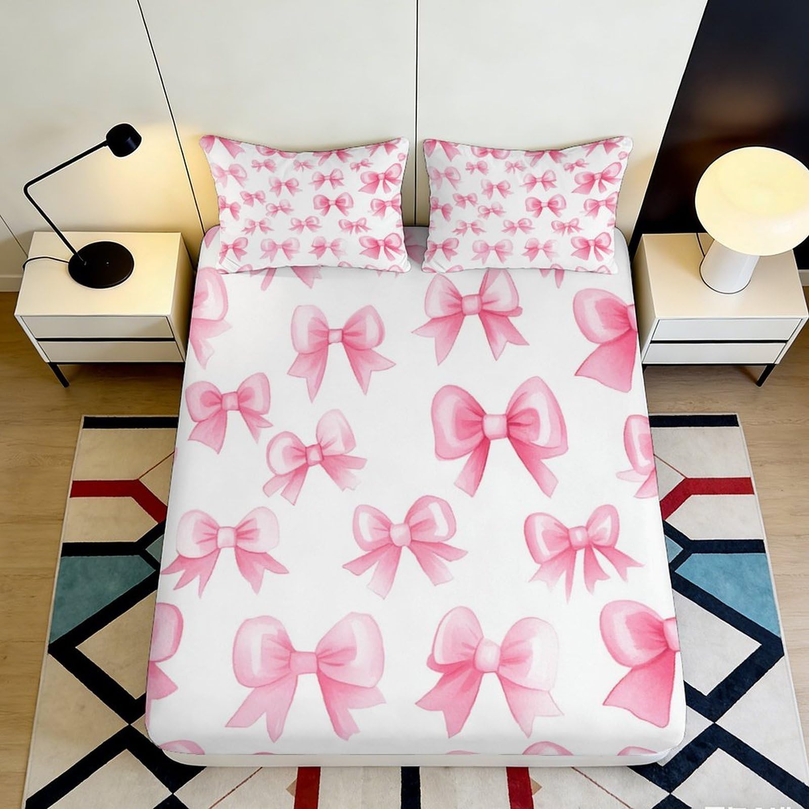 3D Printed Pink Bow Fitted Sheet Microfiber Deep Pocket Non-Slip Pink Bow Mattress Fitted Cover Bedding for Adults 200x200x25cm 90x200x25cm