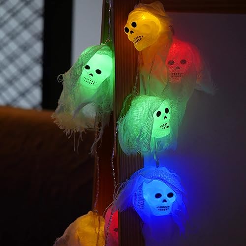 Miniatura 5 de TORCHSTAR Luces de calavera de Halloween, 10 luces LED de gasa blanca para interiores y exteriores, decoración de fiestas de vacaciones, funciona