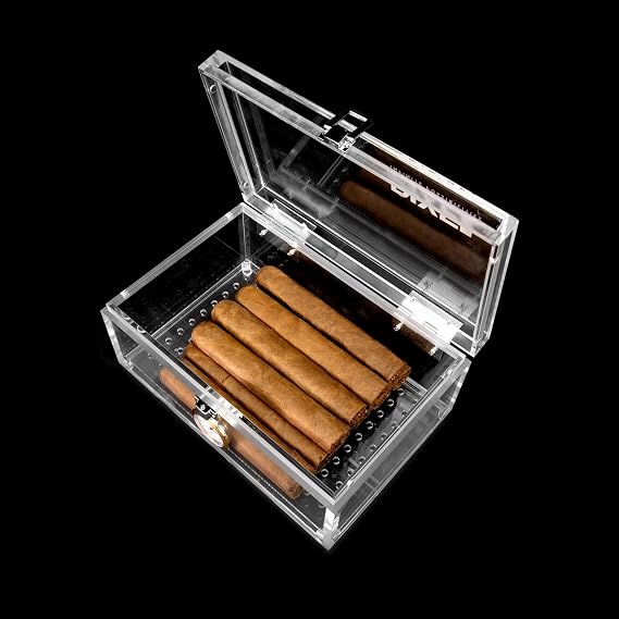 Pixel Cartel - Small Acrylic Cigar Humidor with Latch and Hygrometer - Holds 15-20 Cigars - Airtight and Mess Free - No Seasoning - No Activation - No Maintenance