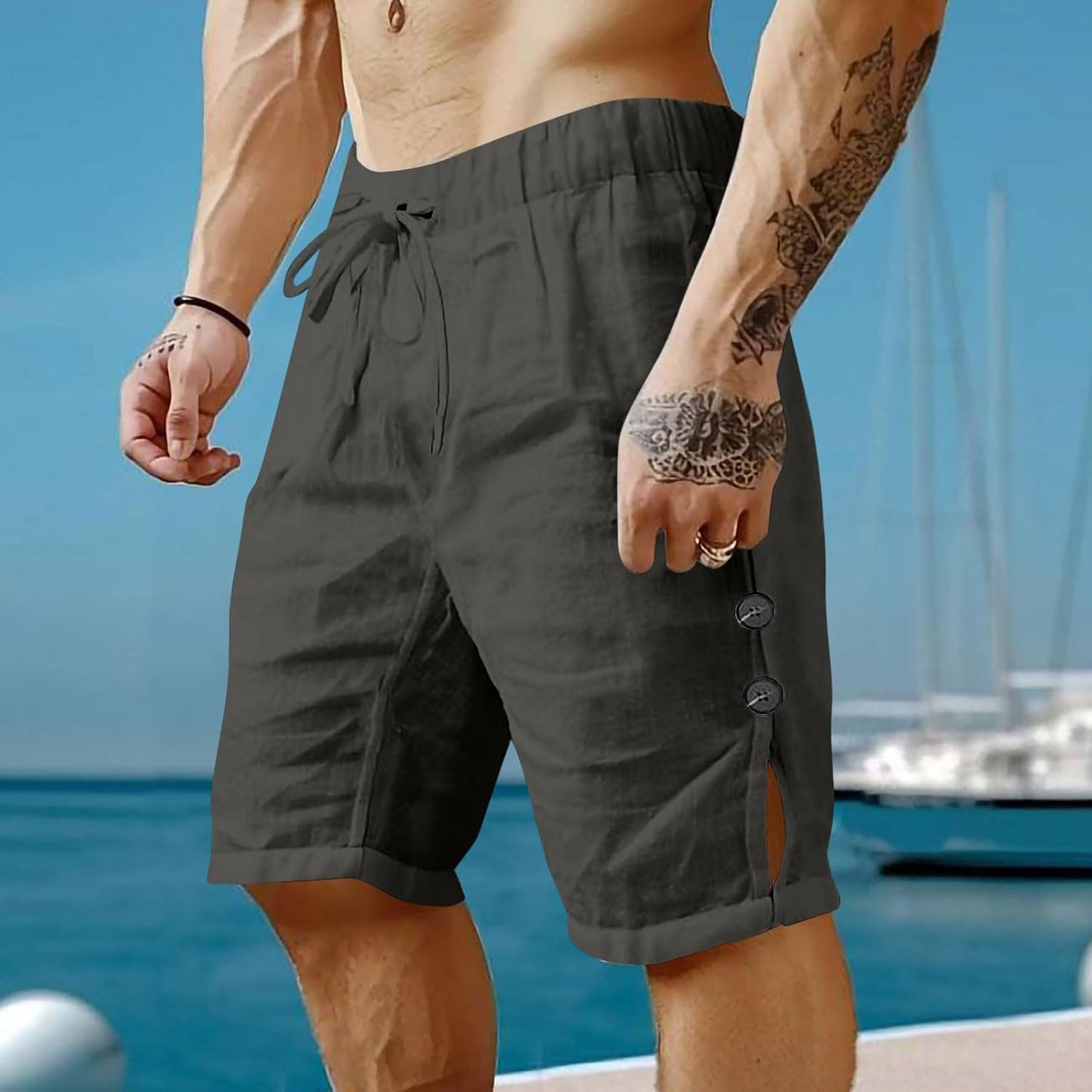 Men's Cotton Linen Shorts with Side Hollow-Out Button, Drawstring Elastic Waist Short Pant, Straight Leg Summer Shorts