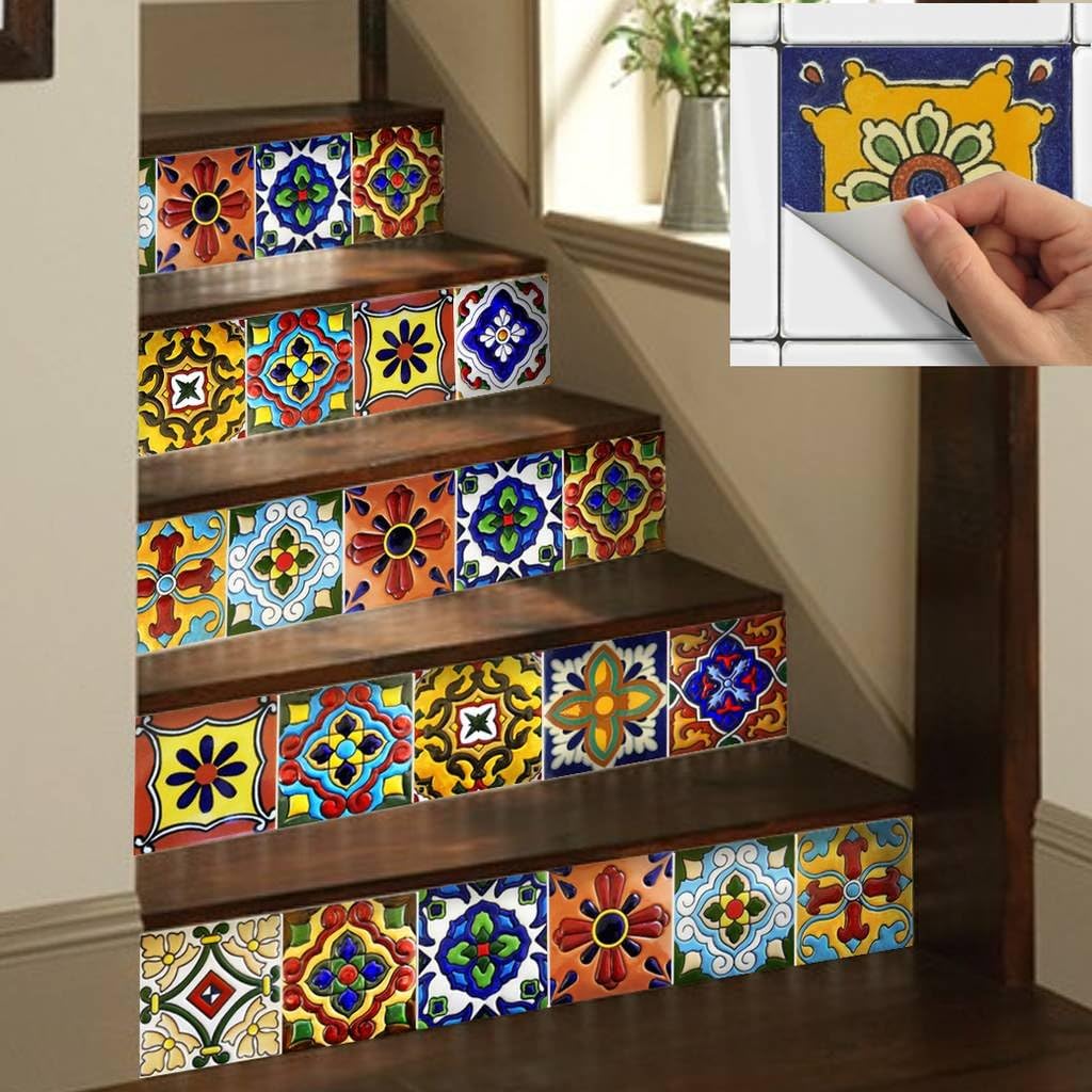 Tile Stickers 4x4in 40pc Inch Kitchen Backsplash Bathroom Vinyl Waterproof Peel and Stick Mexican Talavera TR001
