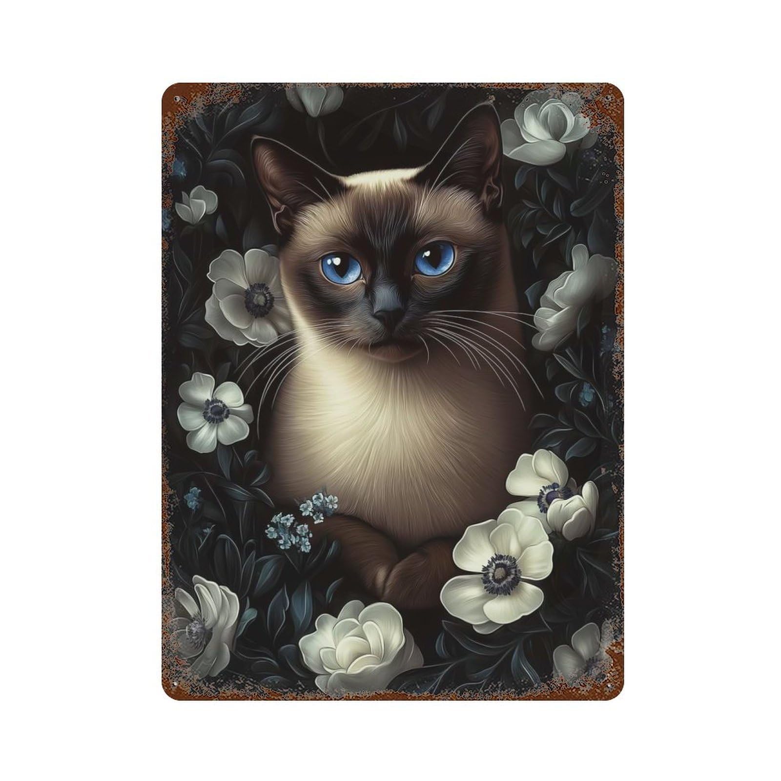 Rust Effect Siamese Cat Portrait with White Flowers Weathered Tin Sign 15.7"x11.8", Shabby Chic Decor for Cafe, Home Bar And Lounge Decor