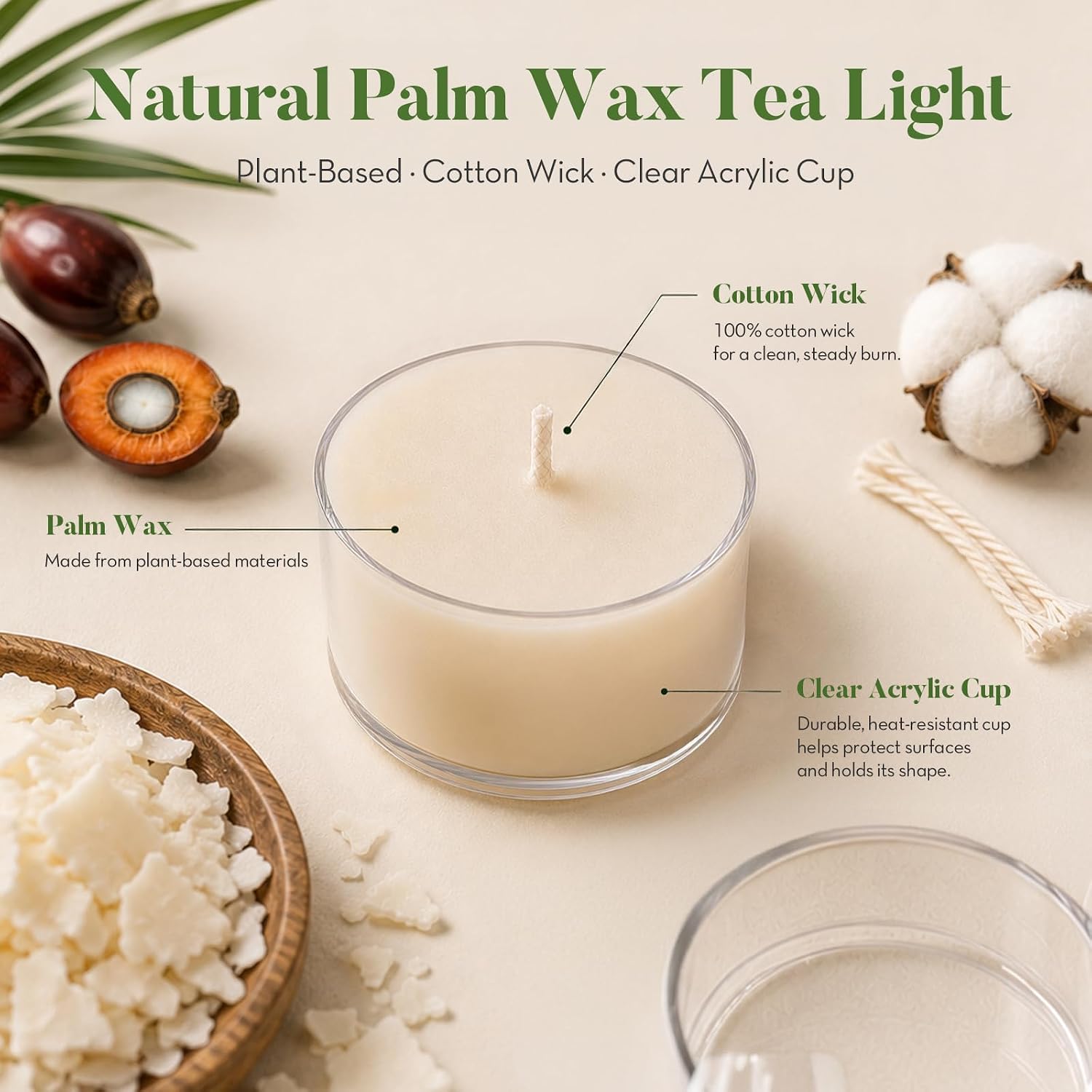 Ashlux Tea Light Candles 100 Pack, 6H Palm Wax Unscented Clear Cup, White