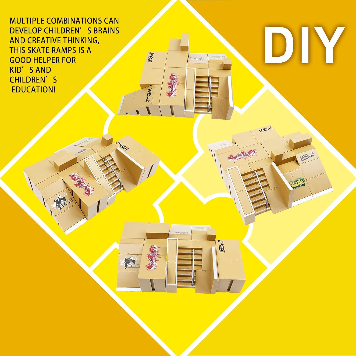 Skate Park Kit, Skate Park Kit Ramp Parts for Finger Skateboard Park Kit Part Training Props with 4 Finger Decks 2 Finger Bike 1 Pair Skates and 1 Scooters