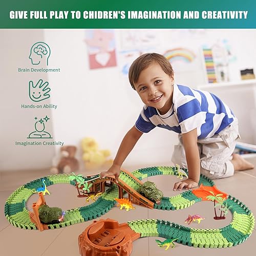 Miniatura 6 de Juguetes de dinosaurio para niños de 4 a 7 años, crea una carrera mundial de dinosaurios  Juego de pista de tren flexible con 2 autos y 8