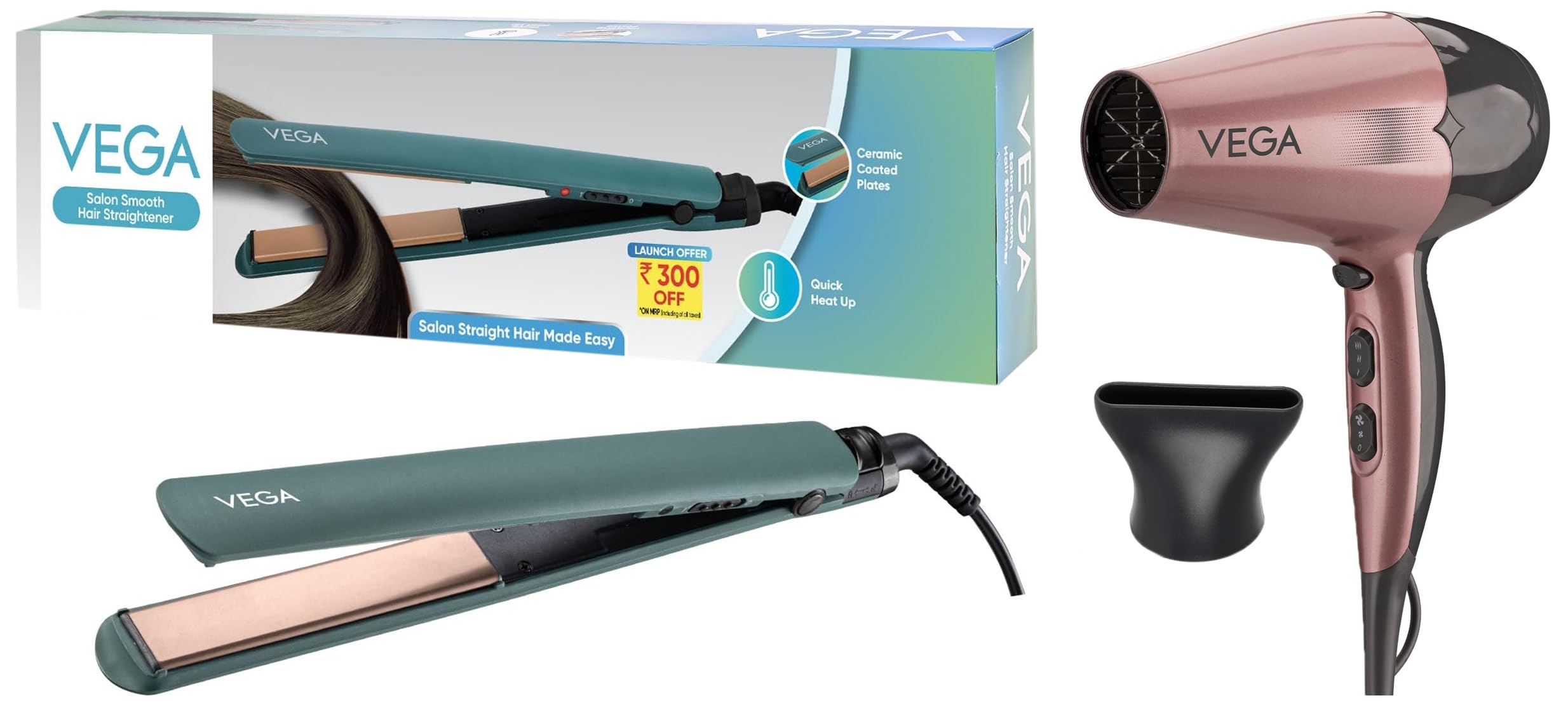 Vega Go Pro 2100 Watts Professional Hair Dryer with Detachable Nozzle, 2 Speed & 3 Temperature Sett,Vega Salon Smooth Hair Straightener for Women with Ceramic Coated Plates, Quick Heatup & Travel Fri-image-9