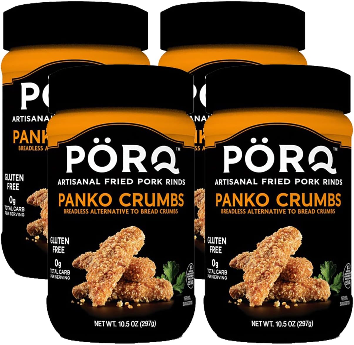 PORQ Artisanal Fried Pork Rinds, Panko Crumbs, Breadless Alternative to Bread Crumbs, Zero Carbs, Gluten Free & Keto Friendly, 10.5-Ounce Bottle (Pack of 4)
