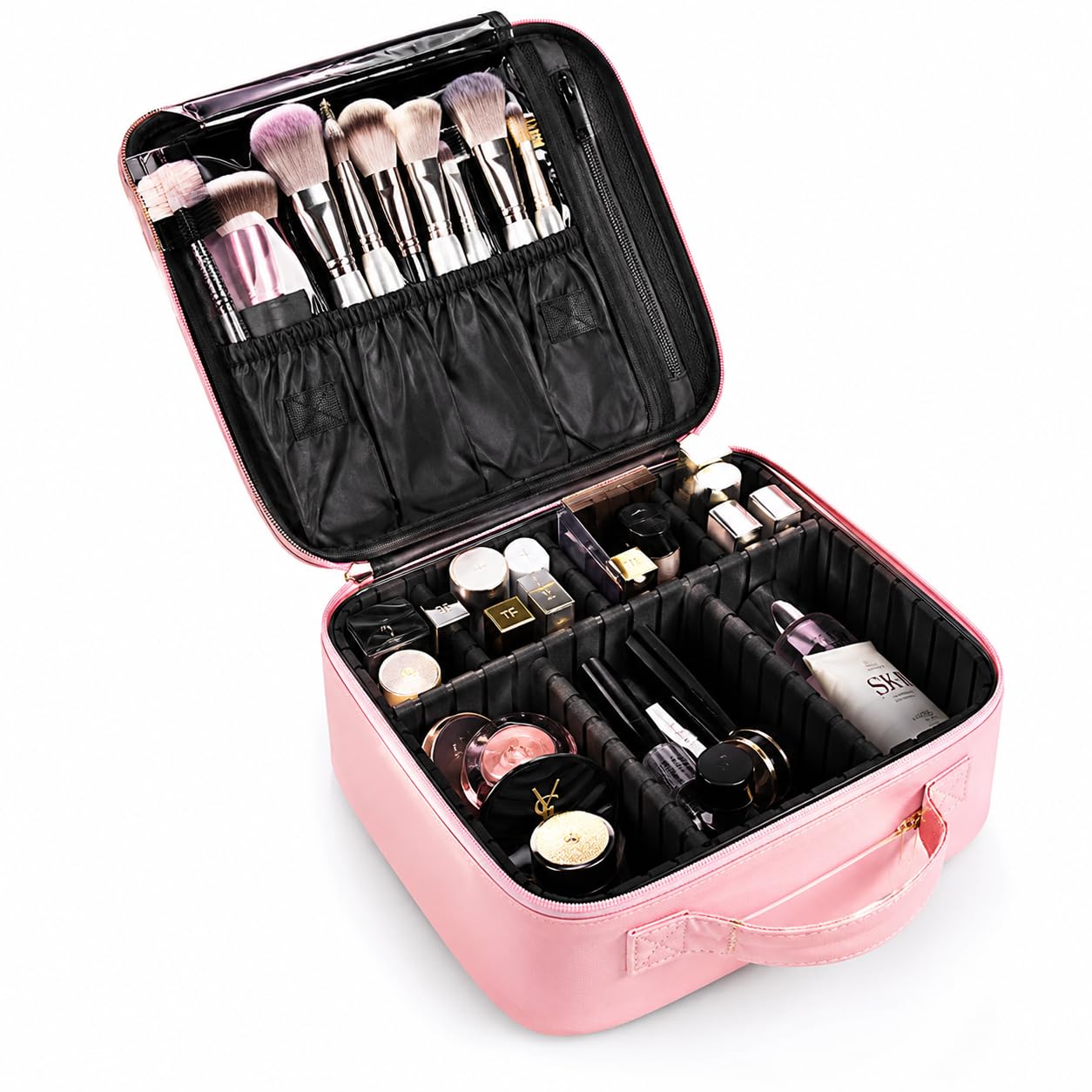 Lucas Nylon Makeup Organizer Bag for Women, Girls & Bride - Travel Cosmetic Kit Storage Organiser - Toiletry Vanity Box with Adjustable Compartment, 26l x 23b x 9h cm (Rose Gold)-image-27