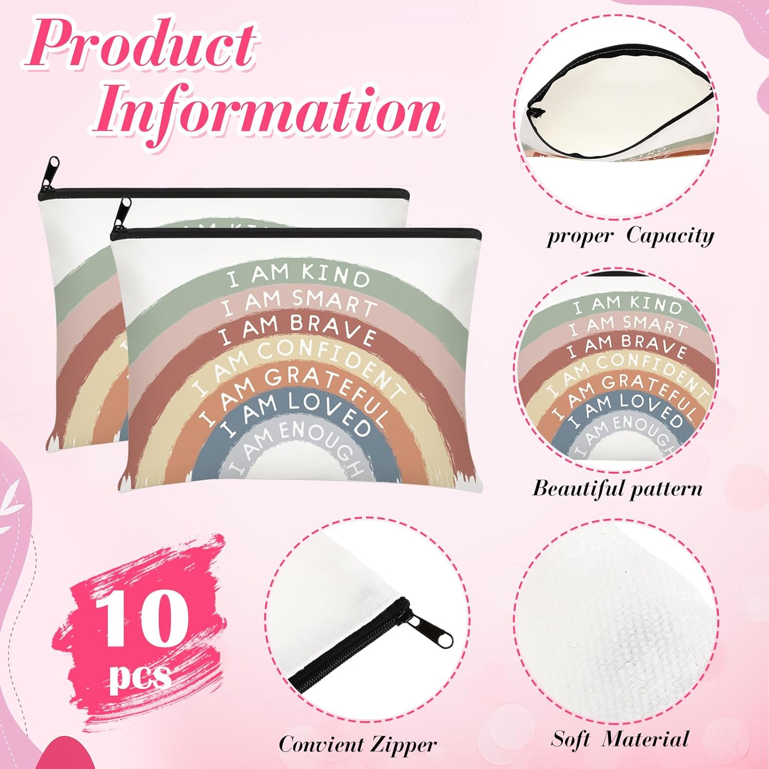 Chunful 10 Pieces Inspirational Canvas Makeup Bags for Women Graduation Gift Rainbow Canvas Cosmetic Bags Bulk with Zipper Friendship Gift Travel Toiletry Pouch(Motivation) - Image 5