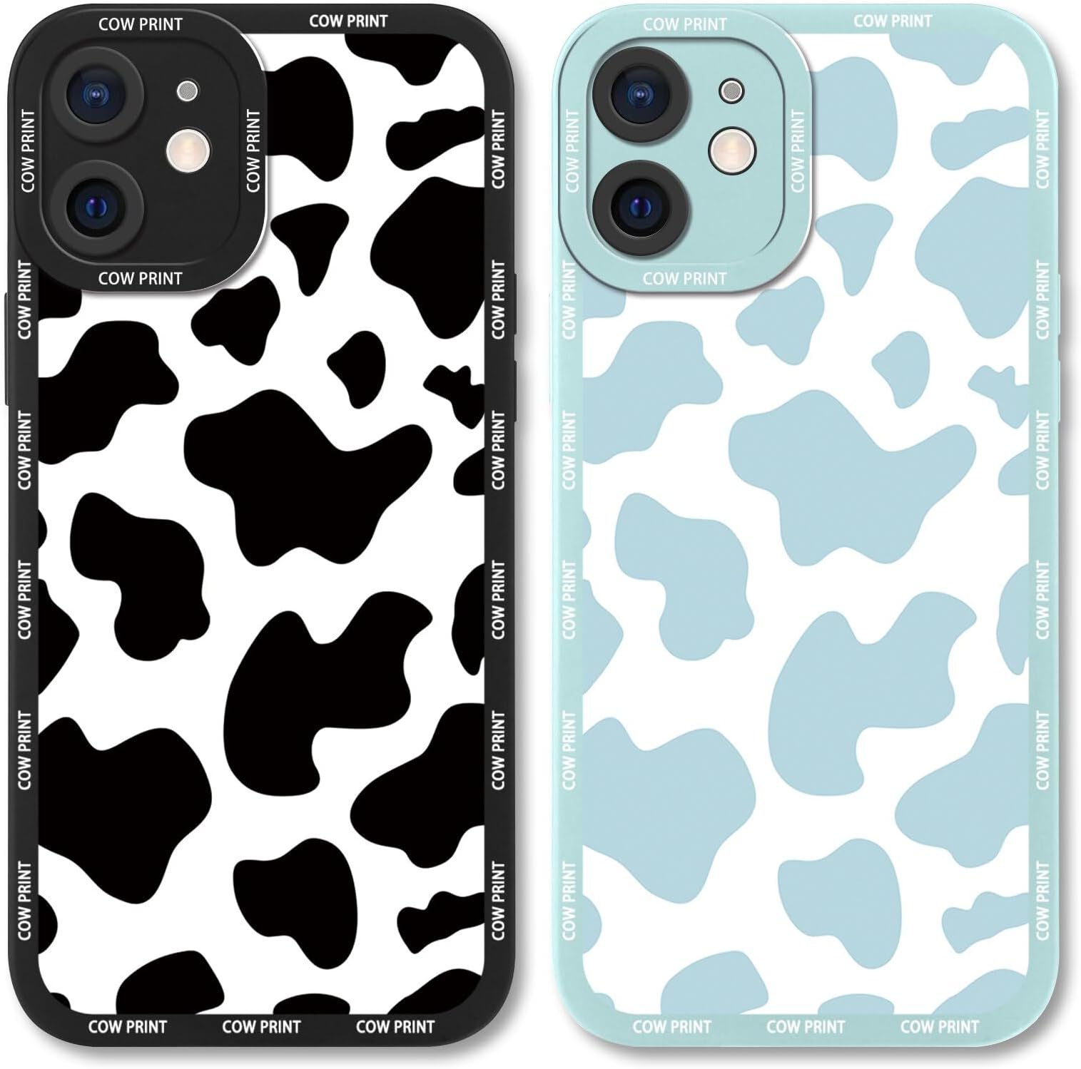 2 Pack Cute Phone Cases for Apple iPhone 13 Mini Case 5.4 Inch, Fashion Cow Print Silicone Slim Soft TPU Phone Case for Women, Shockproof Bumper Cover Protective Funda para Girls, Black & Blue