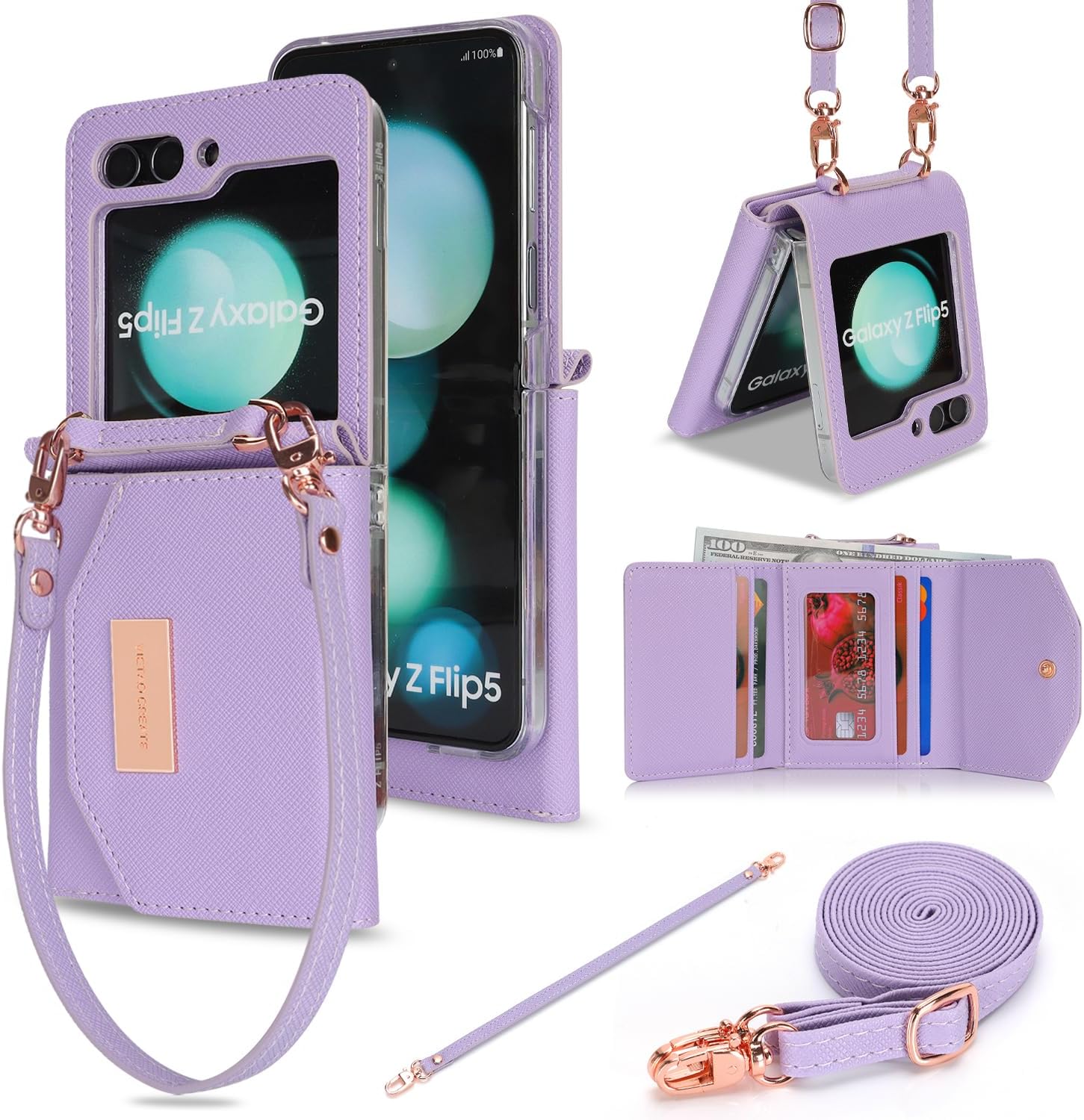 Phone Case for Samsung Galaxy Z Flip 5, Crossbody Wallet Phone Cover with Card Holders Cash Slot Wristlet Strap, Fashion Leather Handbag Flip 5 Phone Case for Women Girls (Purple)