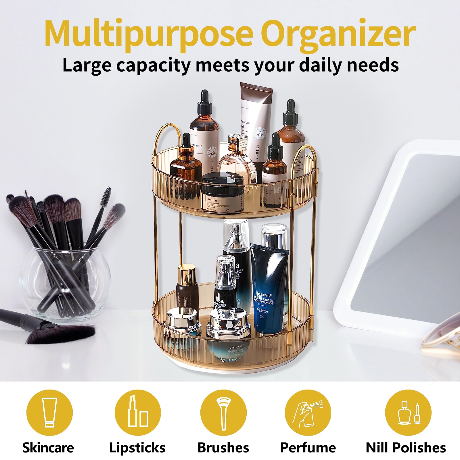 Asayuee Organizer per trucchi rotante a 360°, 2 ripiani, grande capacità, organizer per trucchi rotante per cosmetici, organizer per cosmetici da bagno (oro, 2 livelli)