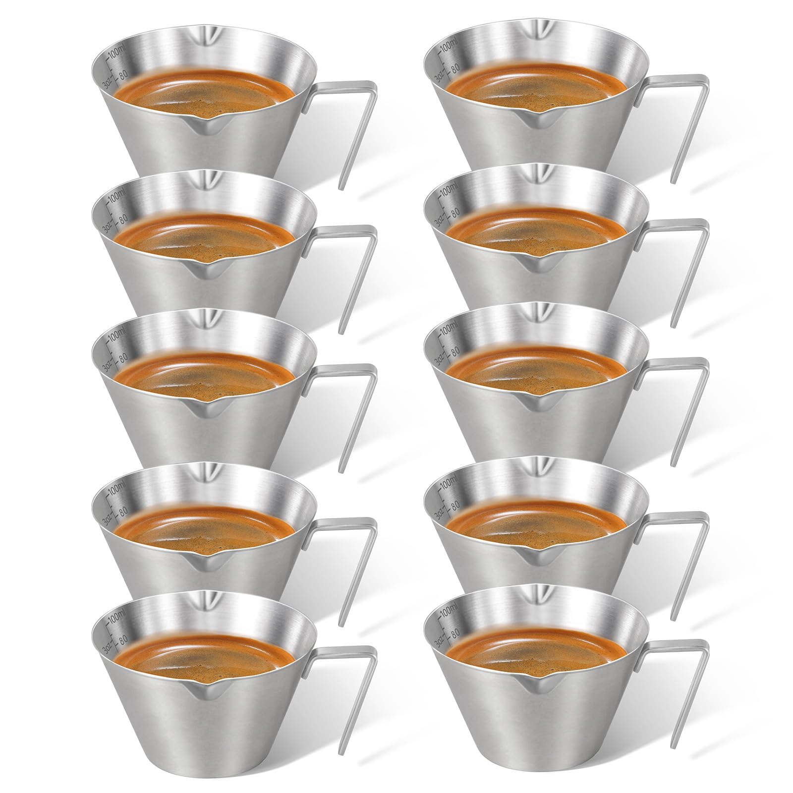 carrottimes 10Pcs Stainless Steel Espresso Cups, Double Spout Metal Espresso Measuring Cup with Handle, Dual Scale Espresso Shot Cup with V-Shaped Mouth, 3.4oz/100ml (Silver)